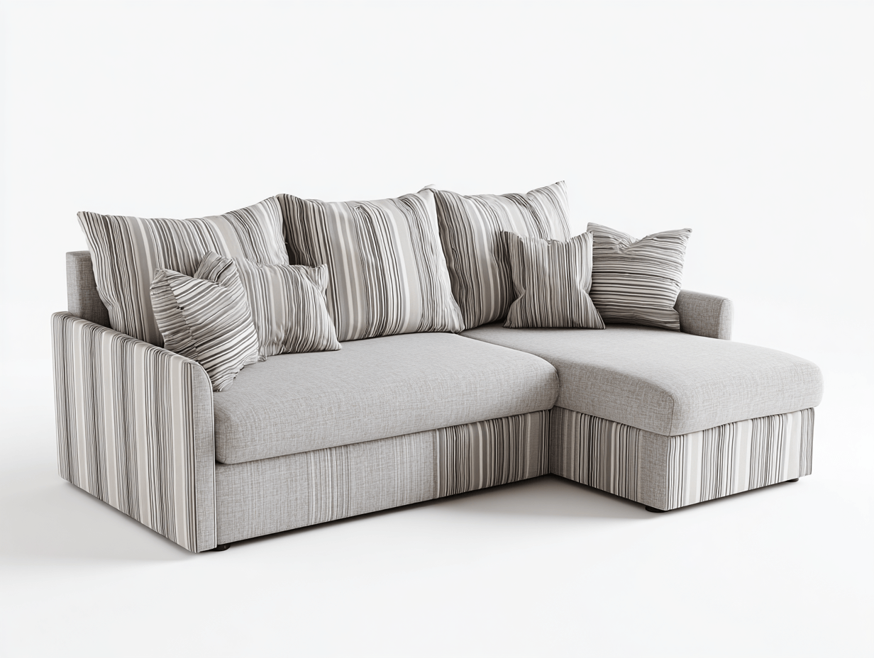 Canapé d’angle en tissu 260×165 cm – gris clair à rayures – style moderne avec méridienne et coussins décoratifs inclus-Shelterano