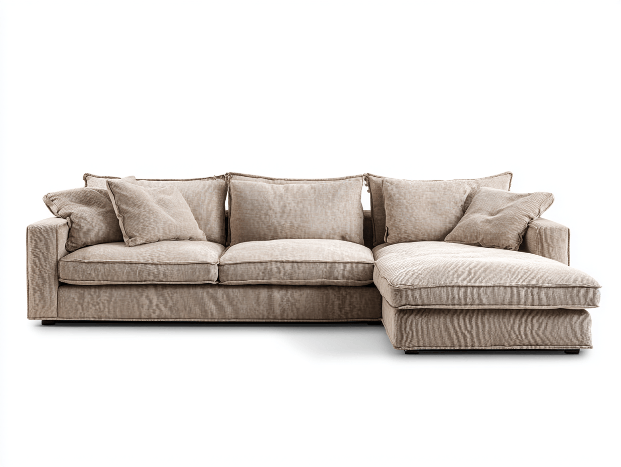 Canapé d’angle – tissu beige 255×165 cm – design contemporain avec coussins-Shelterano