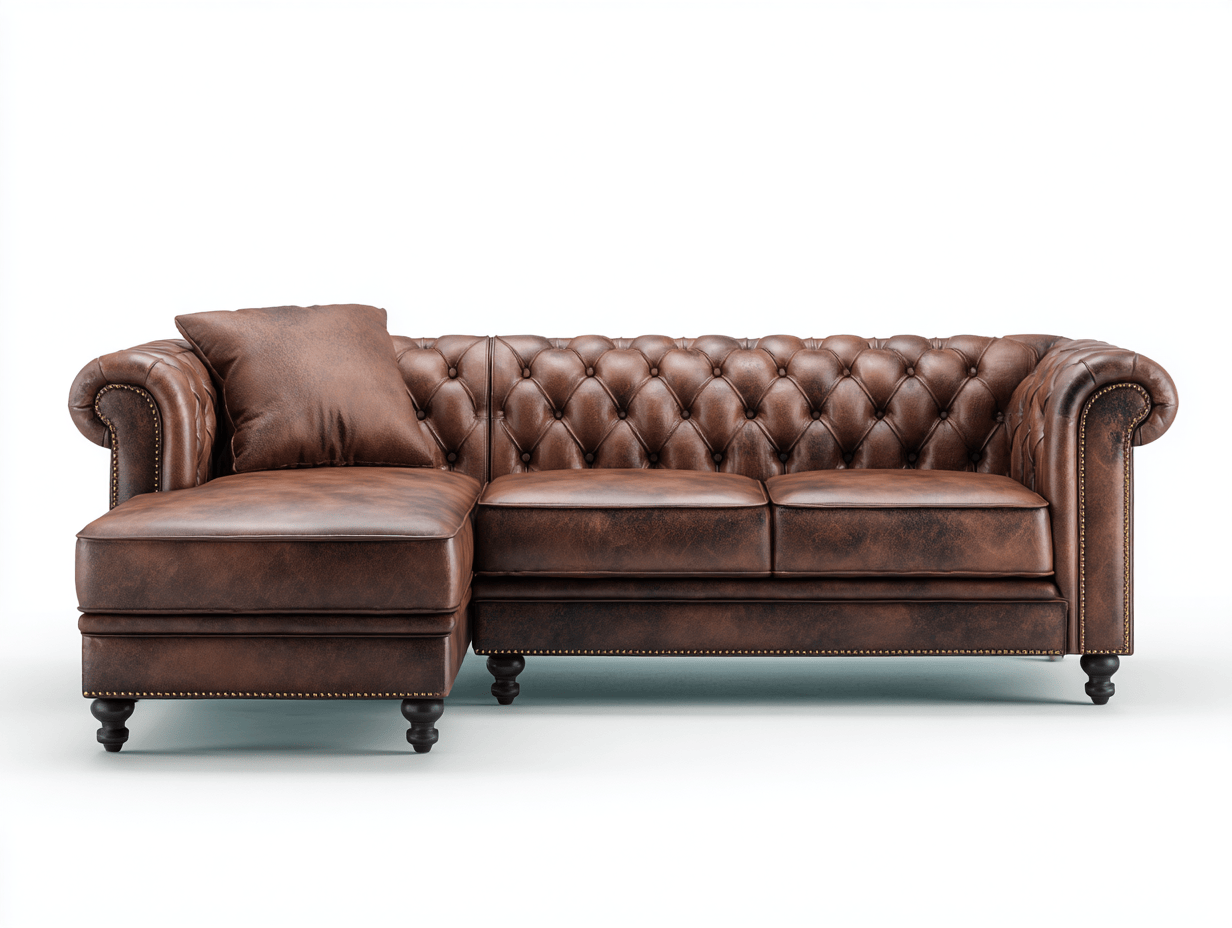 Canapé d’angle – cuir marron – style Chesterfield avec coussins-Shelterano