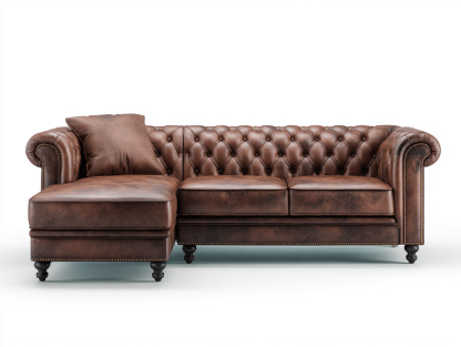 Canapé d’angle – cuir marron – style Chesterfield avec coussins-Shelterano