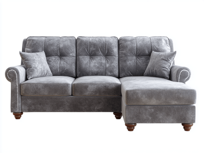 Canapé d’angle en velours 260×160 cm – gris clair – style classique capitonné avec méridienne-Shelterano