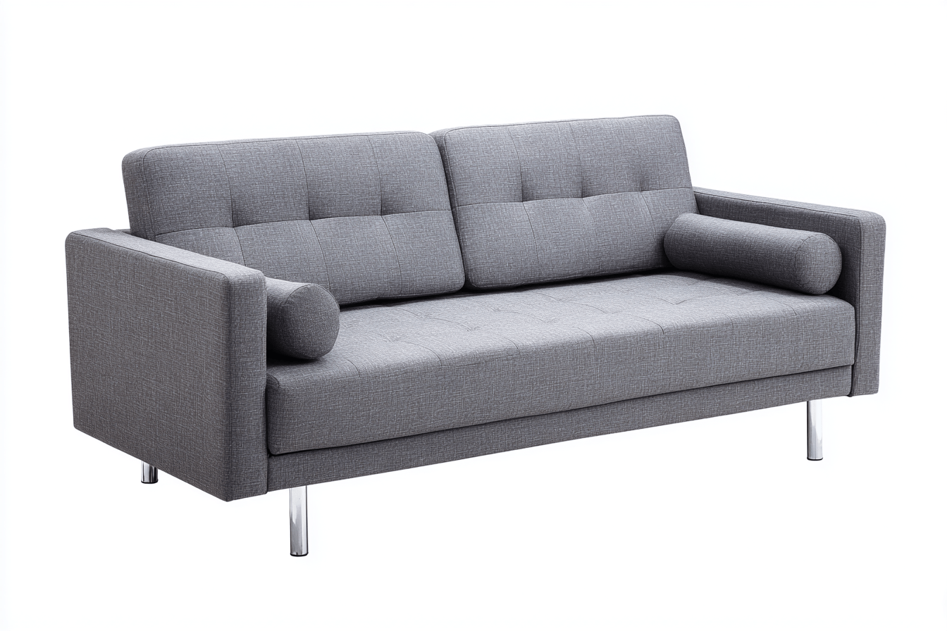 Canapé 2 places en tissu 190×90 cm – gris clair – style moderne avec coussins cylindriques et pieds en métal chromé-Shelterano