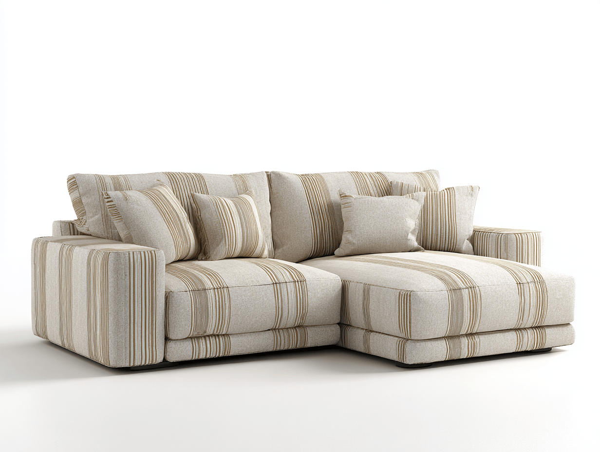 Canapé d’angle en tissu rayé beige avec méridienne – style contemporain avec coussins assortis-Shelterano