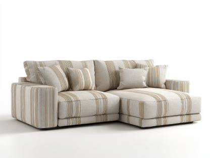 Canapé d’angle en tissu rayé beige avec méridienne – style contemporain avec coussins assortis-Shelterano