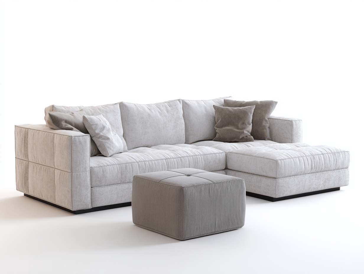 Canapé d’angle – tissu beige clair 275×175 cm – design moderne avec coussins et pouf-Shelterano