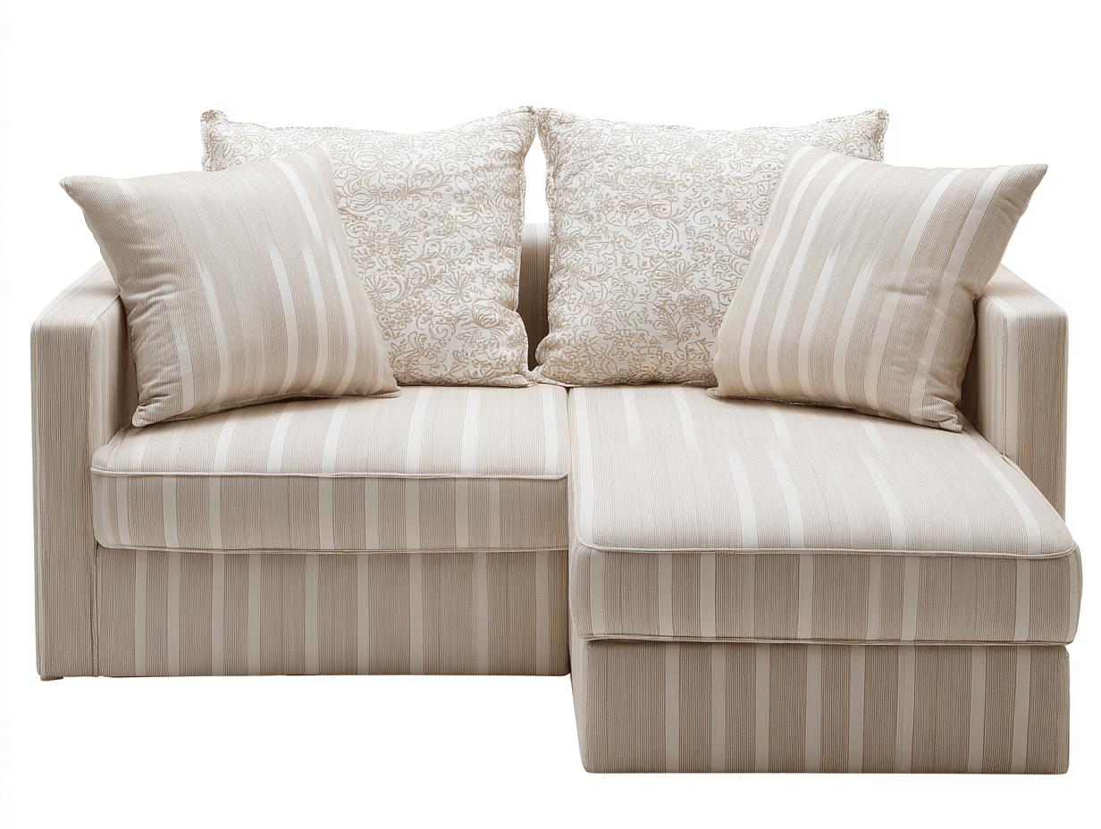 Canapé d’angle – tissu beige à rayures 200×145 cm – design compact avec coussins décoratifs-Shelterano