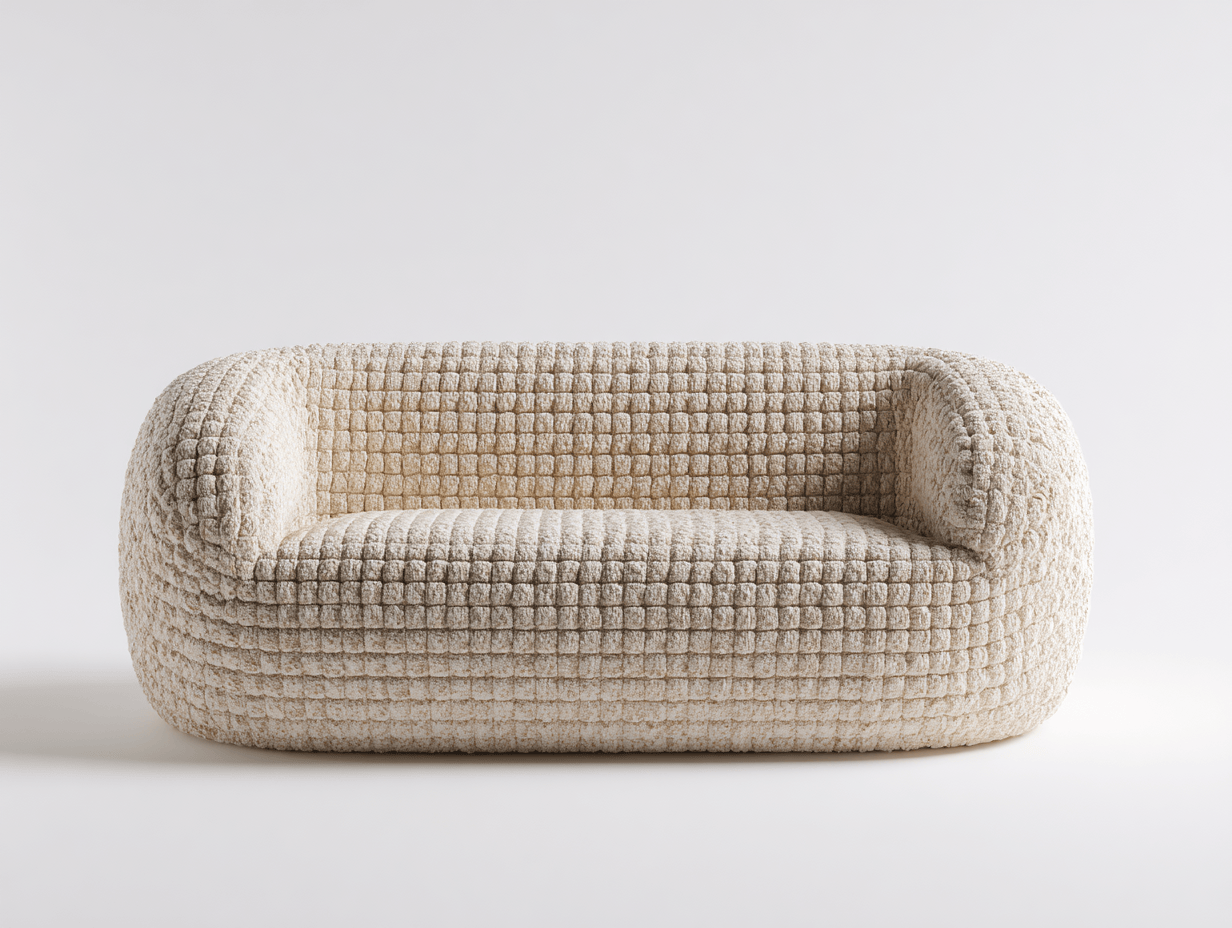 Canapé tissu bouclette 198×94 cm – beige clair – style contemporain à carreaux gaufrés-Shelterano