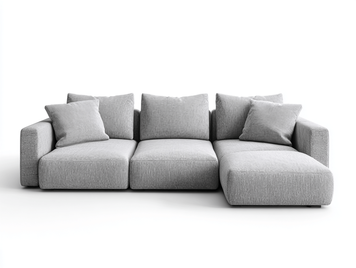 Canapé d’angle en tissu gris clair 300×190 cm avec méridienne – style moderne avec coussins assortis-Shelterano