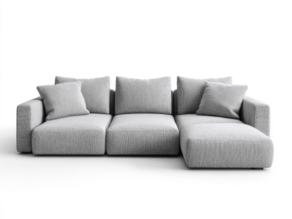 Canapé d’angle en tissu gris clair 300×190 cm avec méridienne – style moderne avec coussins assortis-Shelterano