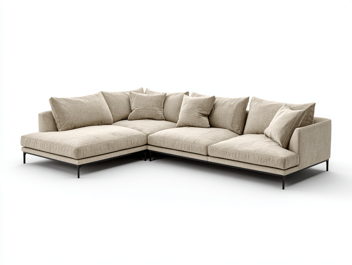 Canapé d’angle en tissu 290×190 cm – beige clair – style moderne avec coussins assortis-Shelterano