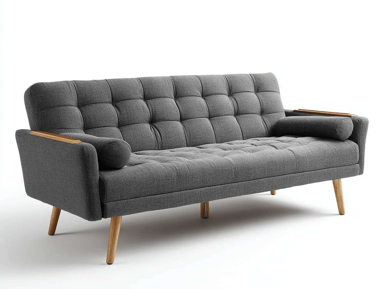 Canapé-lit en tissu 190×85×85 cm – gris – style futon scandinave avec accoudoirs en bois et coussins cylindriques-Shelterano