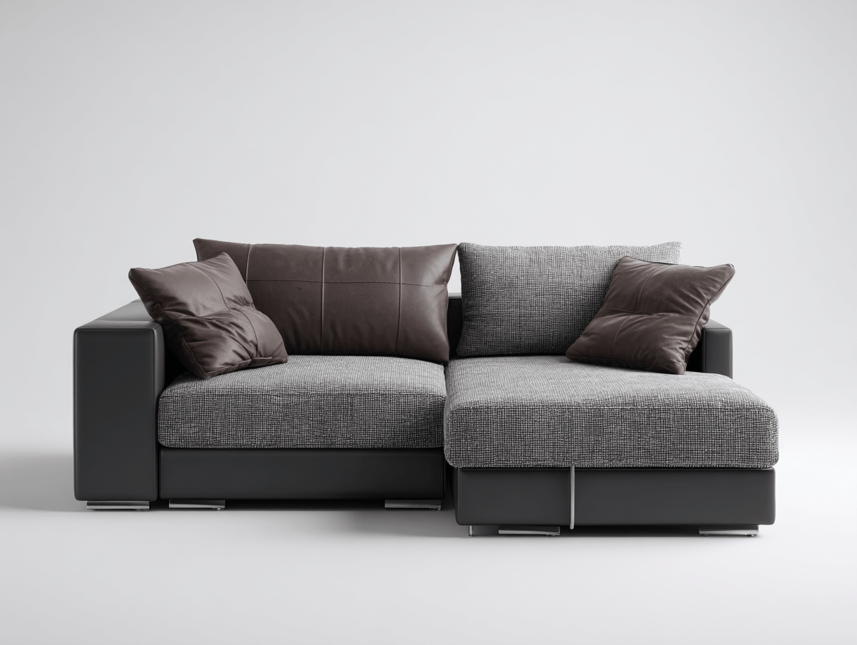 Canapé d’angle tissu et simili cuir 240×180 cm – gris/noir – avec coussins décoratifs-Shelterano