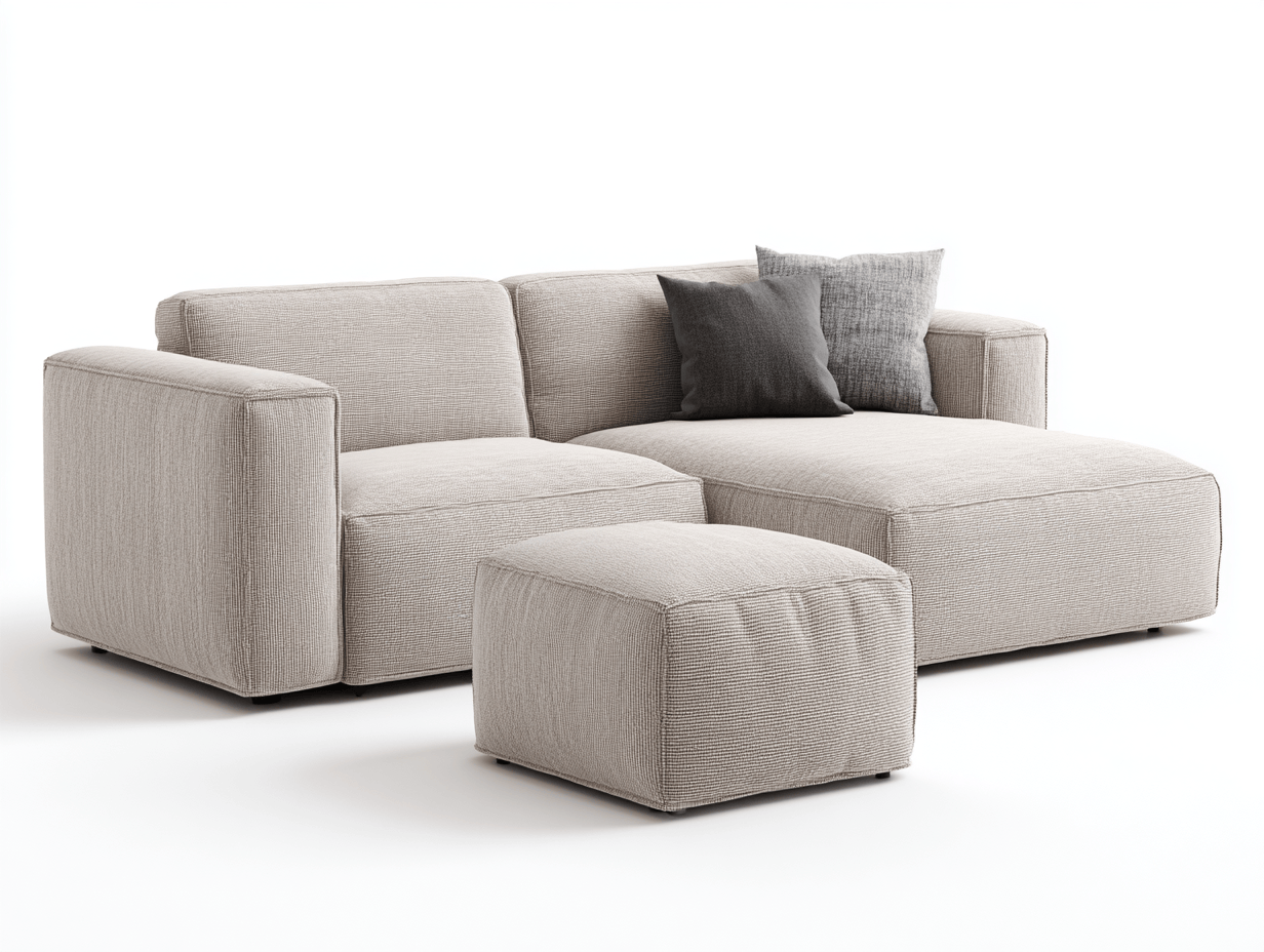 Canapé d’angle – tissu beige 250×160 cm – design modulable avec coussins et pouf-Shelterano