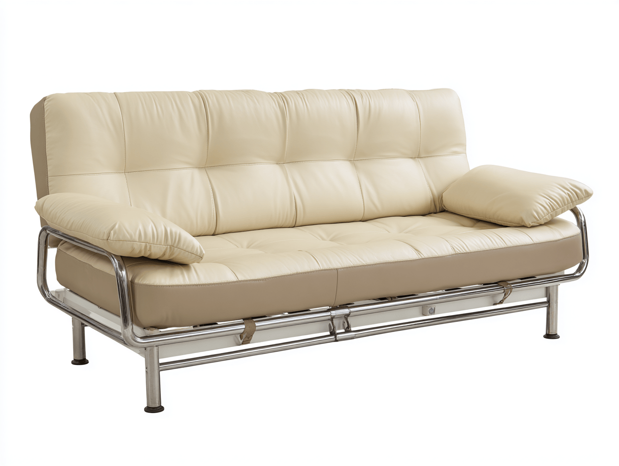 Canapé-lit en simili cuir et métal 195×95×95 cm – beige – convertible avec coussins et assise capitonnée-Shelterano