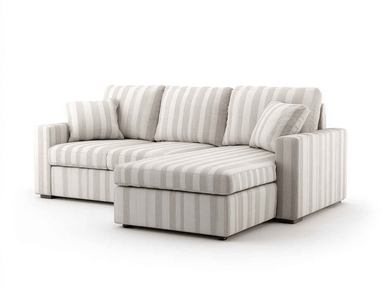 Canapé d’angle en tissu 255×160 cm – beige rayé – style contemporain avec méridienne et coussins inclus-Shelterano