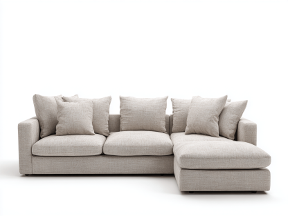 Canapé d’angle en tissu gris clair 300×175 cm avec méridienne – design contemporain avec coussins assortis-Shelterano