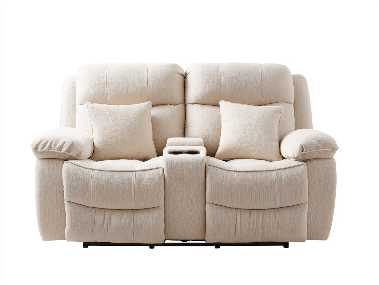 Canapé relaxation tissu 2 places – beige clair – accoudoirs rembourrés avec console centrale et coussins décoratifs-Shelterano