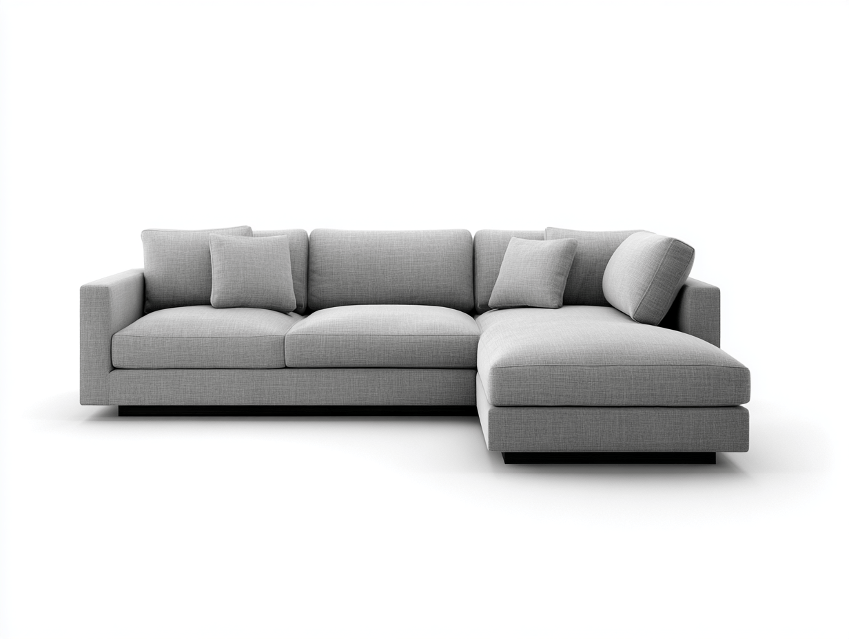 Canapé d’angle en tissu gris clair avec méridienne – design contemporain avec coussins assortis-Shelterano