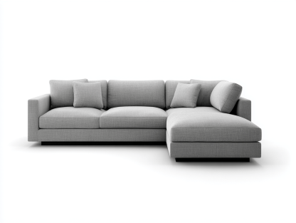 Canapé d’angle en tissu gris clair avec méridienne – design contemporain avec coussins assortis-Shelterano