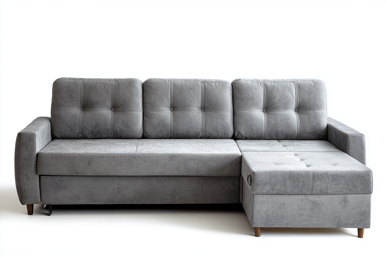 Canapé d’angle méridienne tissu 250×185 cm – gris clair – avec fonction convertible et assise capitonnée-Shelterano