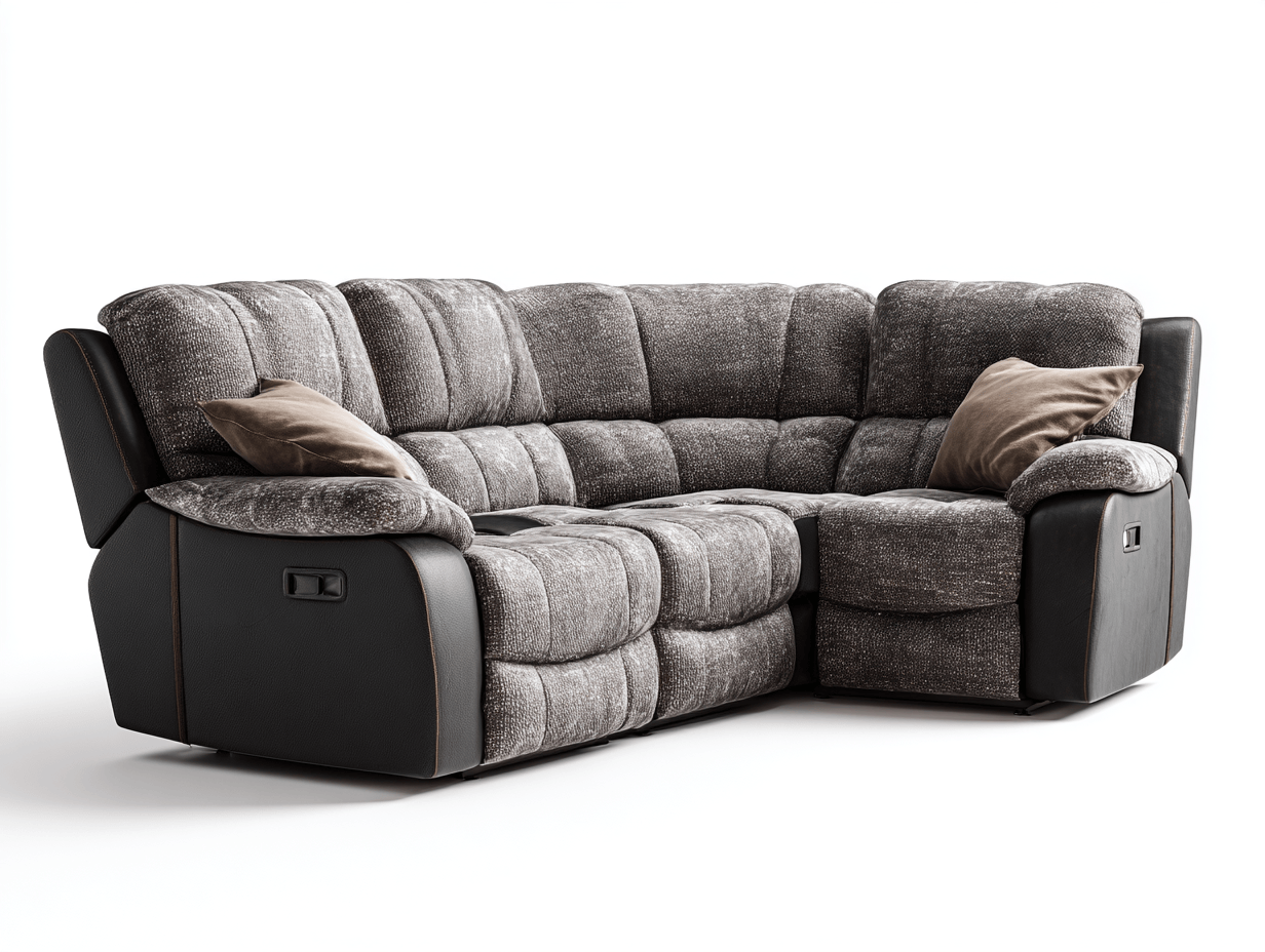 Canapé d’angle tissu effet velours et simili cuir 255×195 cm – gris/noir – avec coussins décoratifs et fonction relax-Shelterano