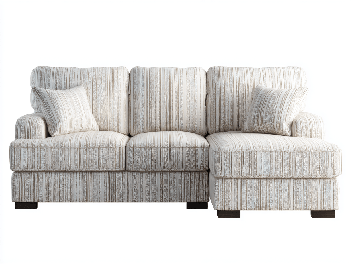 Canapé d’angle en tissu rayé 270×160 cm – beige/blanc – avec méridienne et coussins – style contemporain-Shelterano