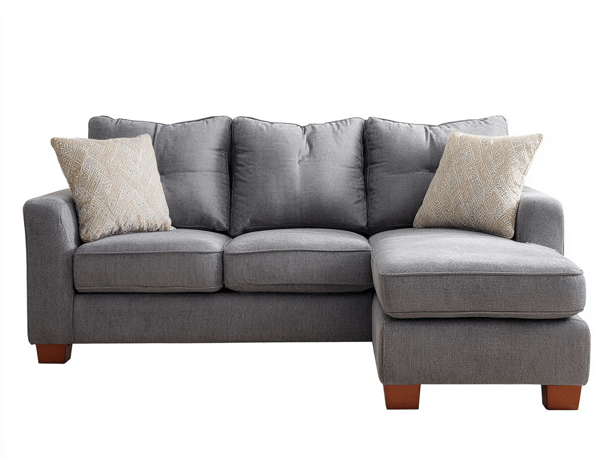 Canapé d’angle en tissu 255×160 cm – gris clair – style contemporain avec méridienne et coussins décoratifs inclus-Shelterano