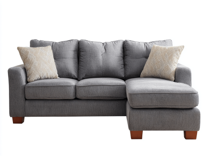 Canapé d’angle en tissu 255×160 cm – gris clair – style contemporain avec méridienne et coussins décoratifs inclus-Shelterano