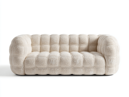 Canapé tissu bouclé – crème – style moderne à motifs carrés-Shelterano