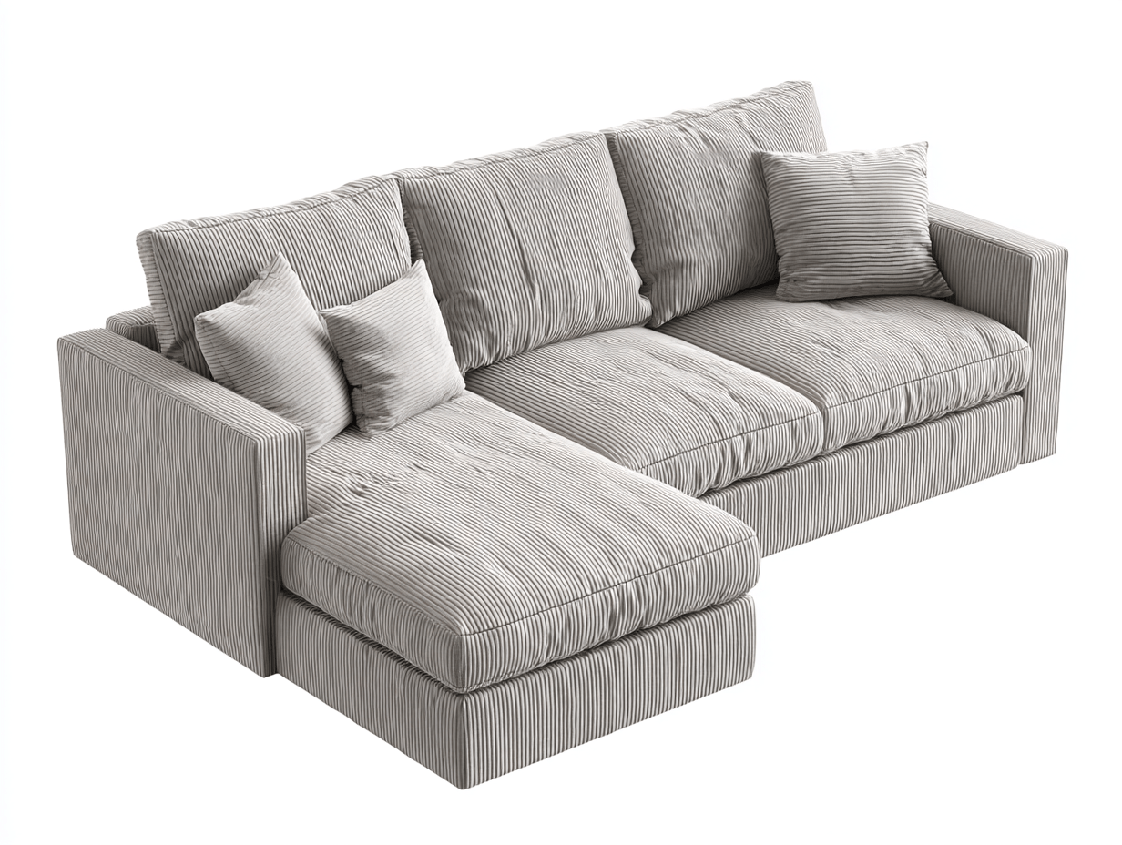 Canapé d’angle en velours côtelé gris clair 300×200 cm avec méridienne – style contemporain avec coussins assortis-Shelterano