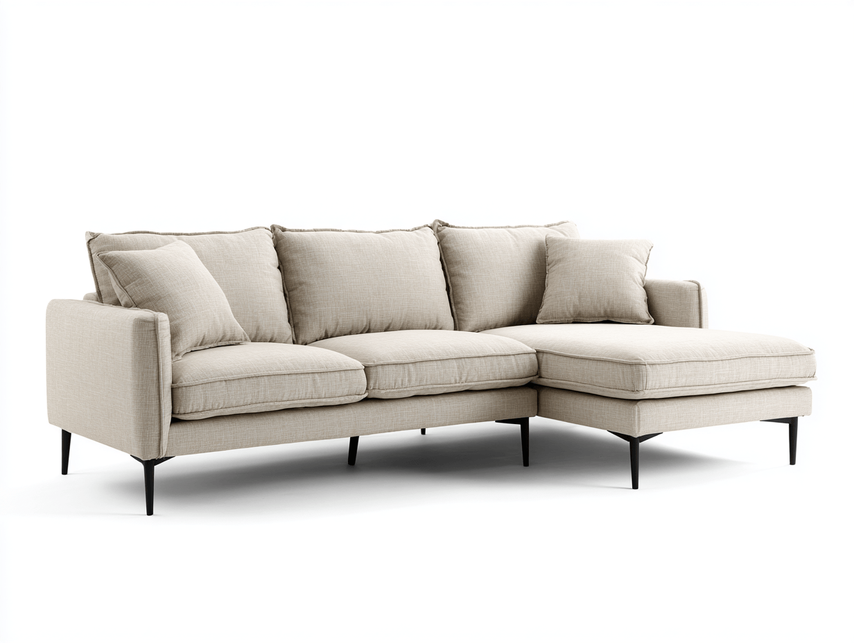 Canapé d’angle en tissu lin beige 275×175 cm avec méridienne – design moderne avec coussins inclus-Shelterano