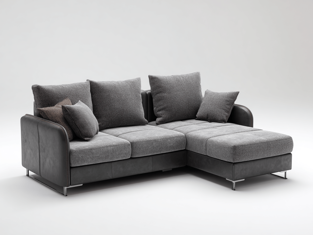 Canapé d’angle méridienne tissu et simili cuir 250×185 cm – gris/noir – avec coussins décoratifs-Shelterano