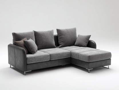 Canapé d’angle méridienne tissu et simili cuir 250×185 cm – gris/noir – avec coussins décoratifs-Shelterano