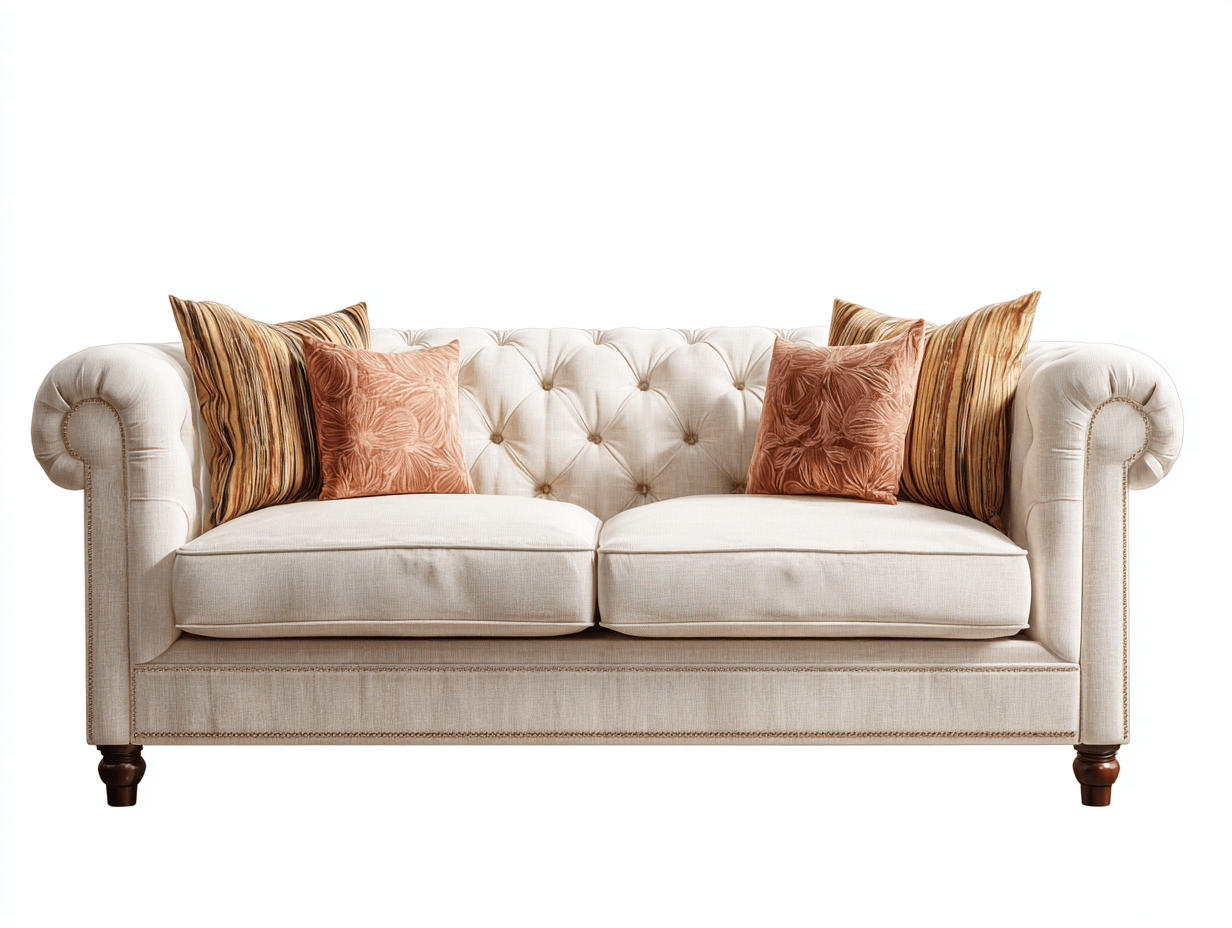 Canapé 3 places tissu 210×95 cm – beige – style Chesterfield capitonné avec coussins décoratifs-Shelterano