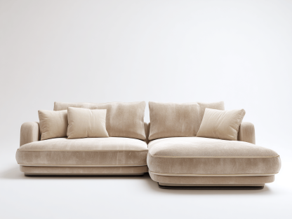 Canapé d’angle en tissu beige 250×165 cm – style moderne arrondi avec coussins décoratifs-Shelterano