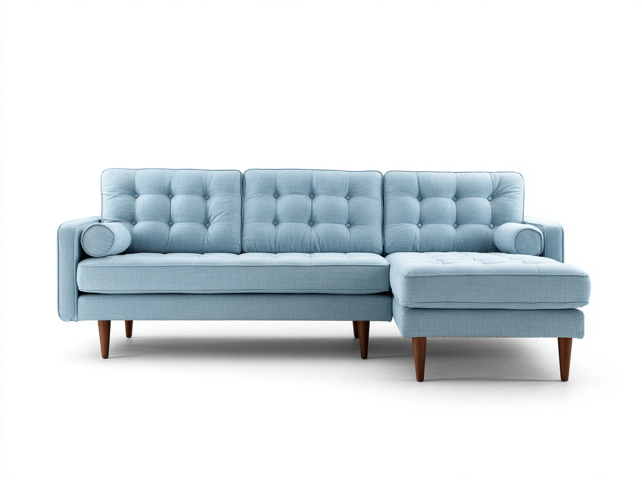 Canapé d’angle en tissu 260×160 cm – bleu lin – style scandinave capitonné avec méridienne et coussins cylindriques-Shelterano