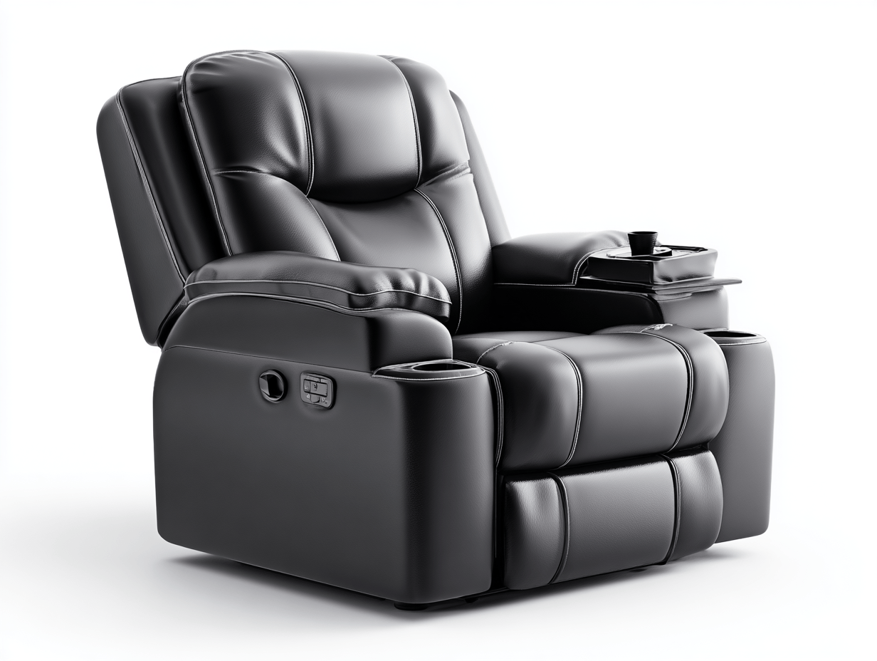 Fauteuil relax cuir noir – design moderne – avec porte-gobelets et rangement-Shelterano