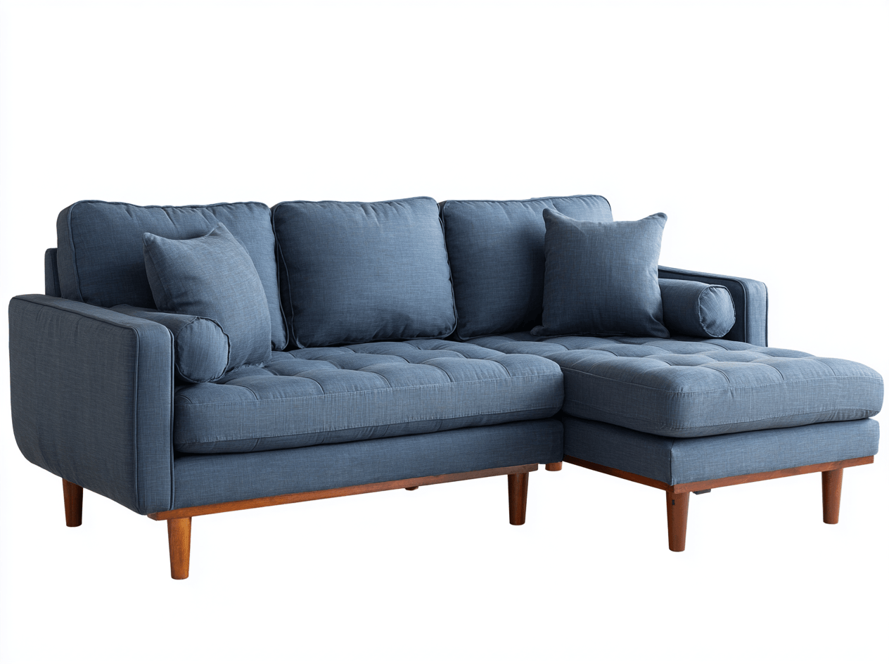 Canapé d’angle en tissu 260×165 cm – bleu lin – style moderne avec méridienne et coussins décoratifs inclus-Shelterano