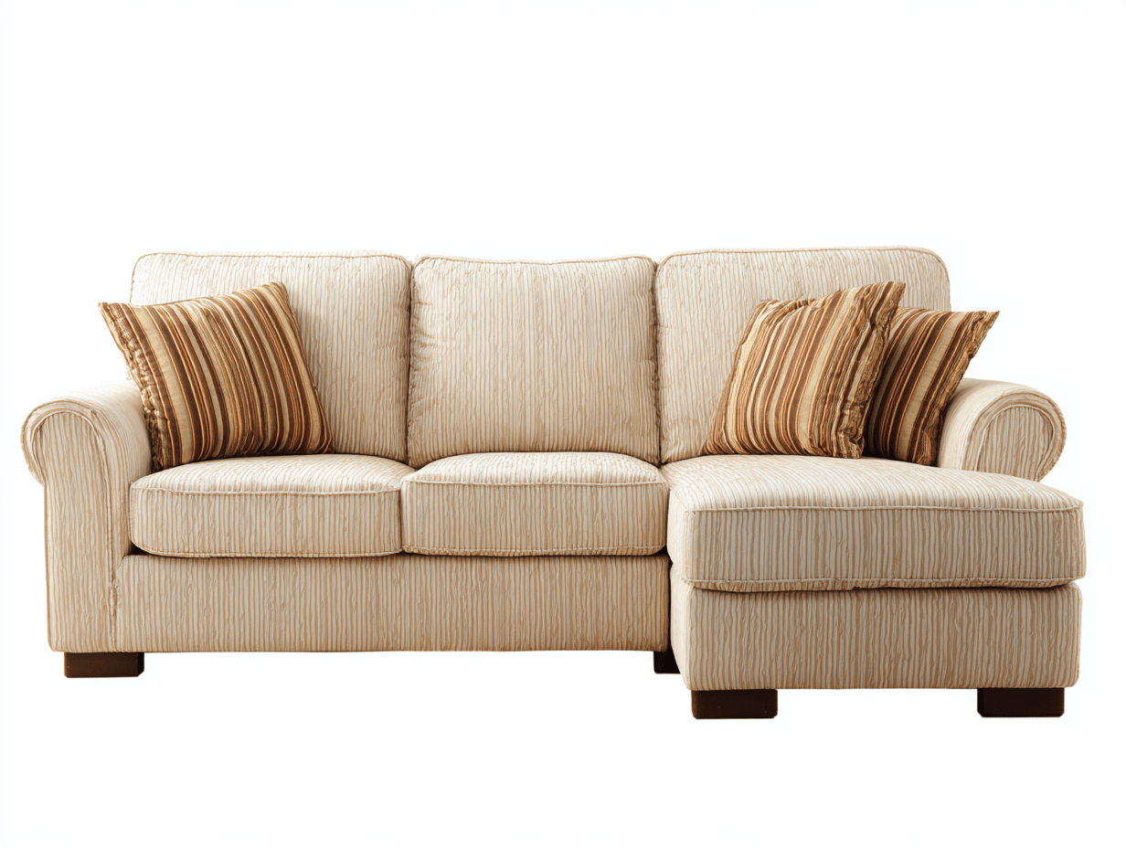 Canapé d’angle – tissu beige à rayures 250×170 cm – style classique avec méridienne et coussins-Shelterano