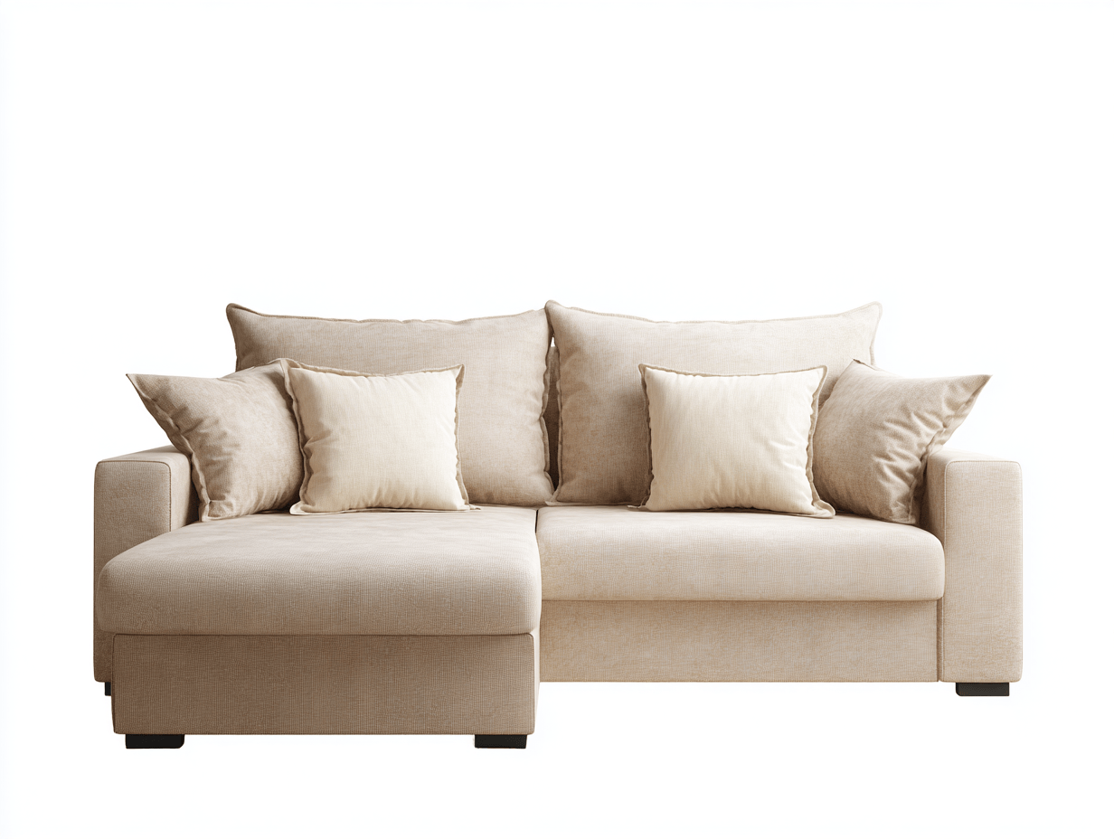 Canapé d’angle en tissu beige 225×150 cm avec méridienne – design moderne avec coussins assortis-Shelterano