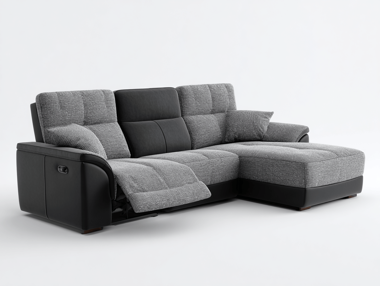 Canapé d’angle méridienne tissu et simili cuir 270×200 cm – gris/noir – avec coussins décoratifs et fonction relax-Shelterano