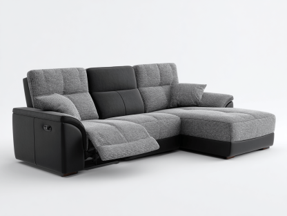 Canapé d’angle méridienne tissu et simili cuir 270×200 cm – gris/noir – avec coussins décoratifs et fonction relax-Shelterano