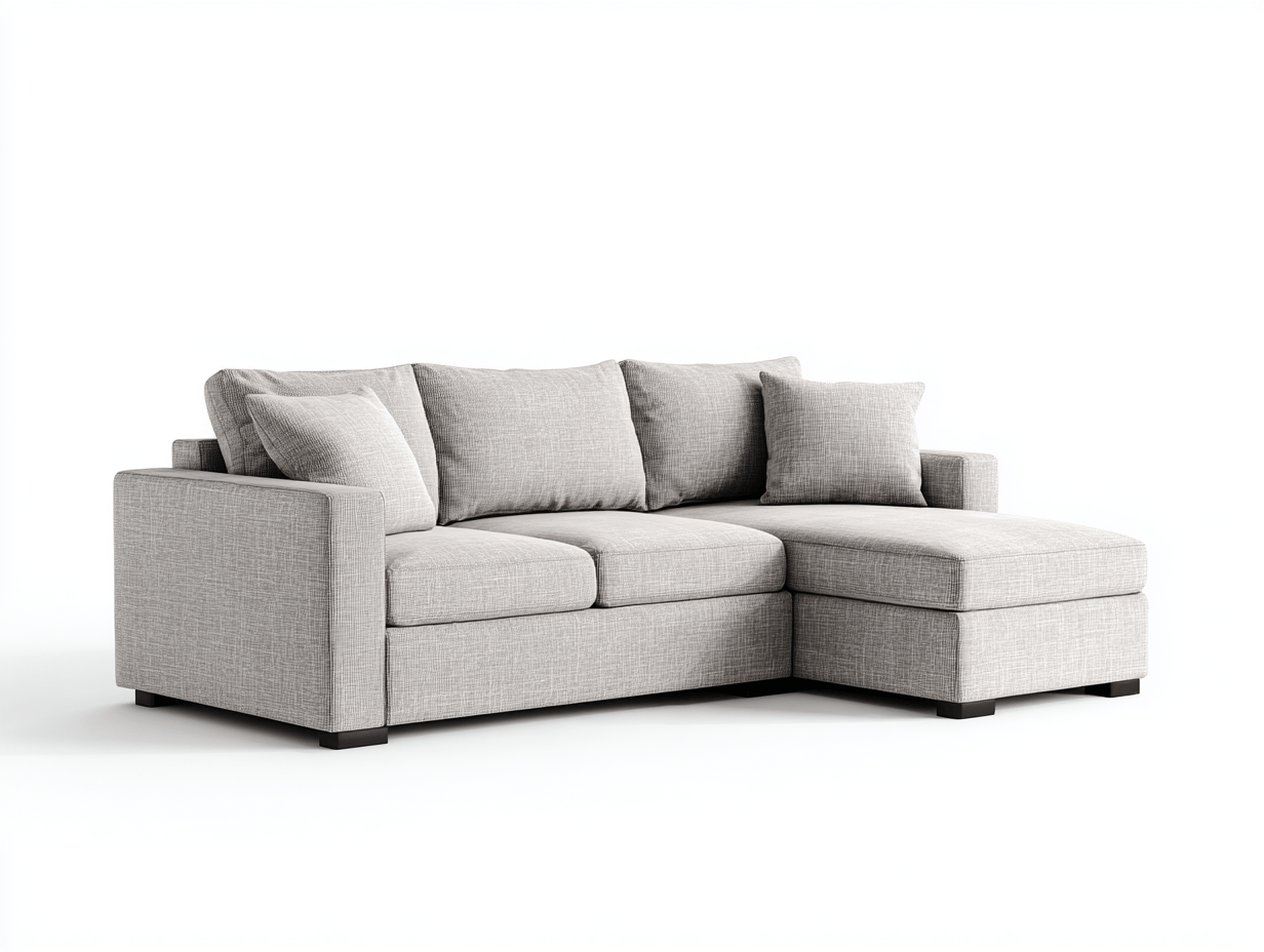 Canapé d’angle en tissu gris clair 280×190 cm avec méridienne – style moderne avec coussins assortis-Shelterano