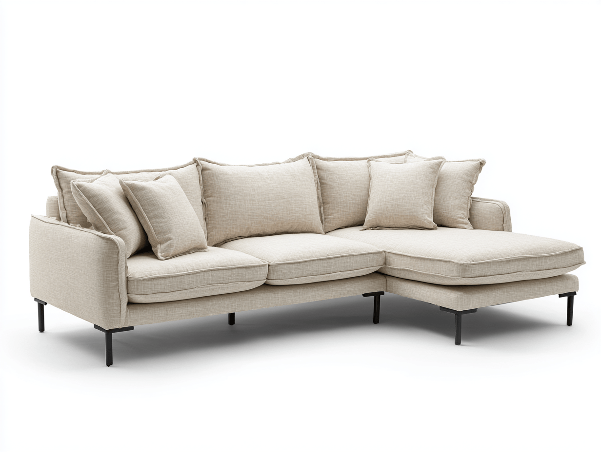 Canapé d’angle en tissu lin beige 285×180 cm avec méridienne – style contemporain avec coussins inclus-Shelterano