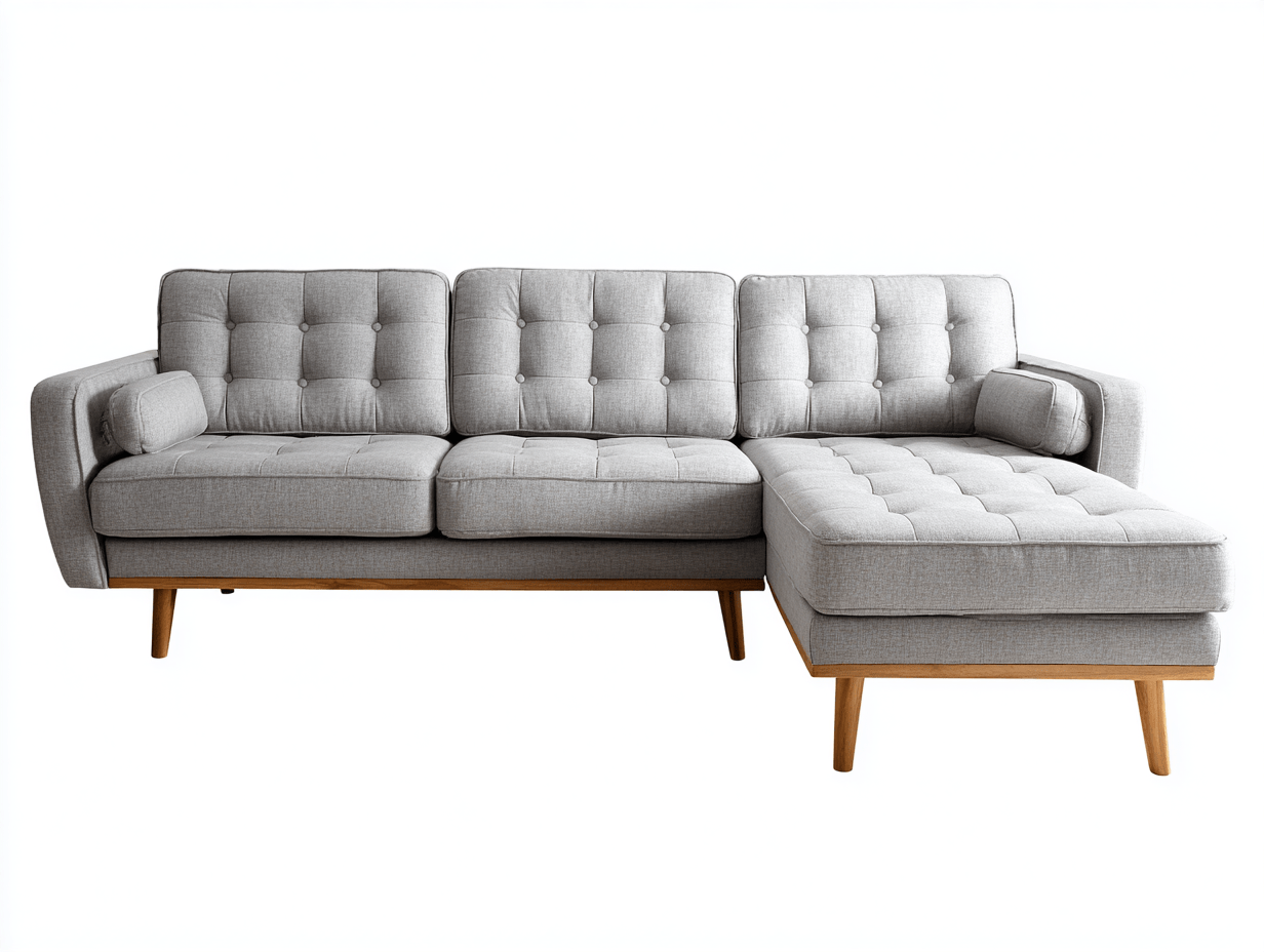 Canapé d’angle en tissu 270×160 cm – gris clair – avec méridienne et coussins – style scandinave-Shelterano