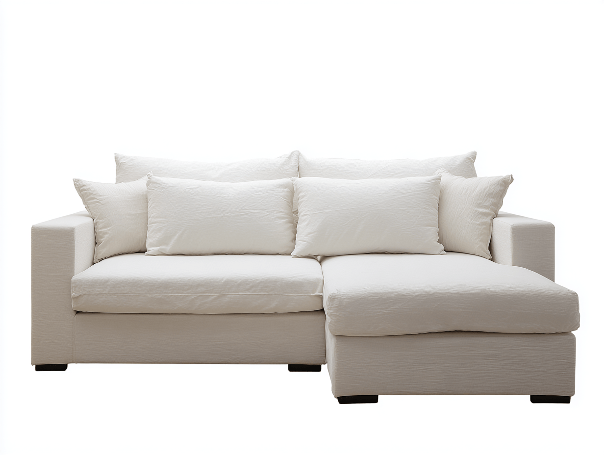 Canapé d’angle en tissu 270×155 cm – blanc – avec coussins – style contemporain-Shelterano