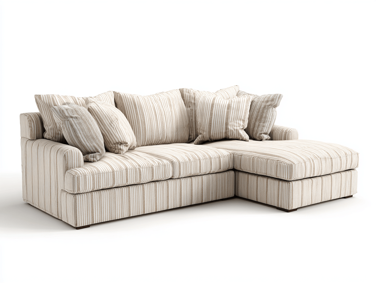Canapé d’angle – tissu beige à rayures 270×175 cm – design contemporain avec coussins décoratifs-Shelterano