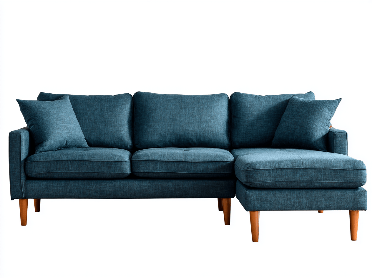 Canapé d’angle en tissu 255×160 cm – bleu foncé – style contemporain avec méridienne et coussins inclus-Shelterano