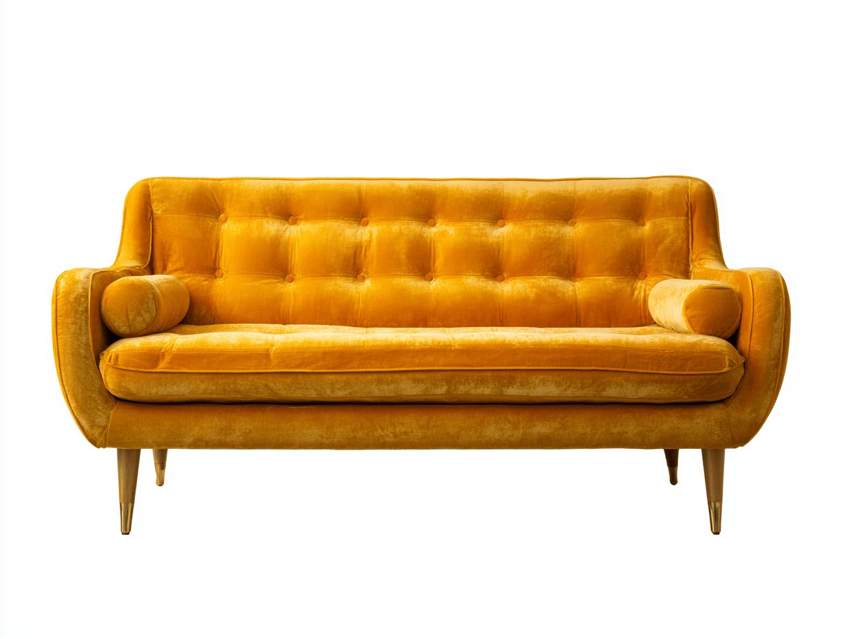 Canapé 2 places velours 160×85 cm – jaune moutarde – style vintage capitonné avec coussins cylindriques-Shelterano