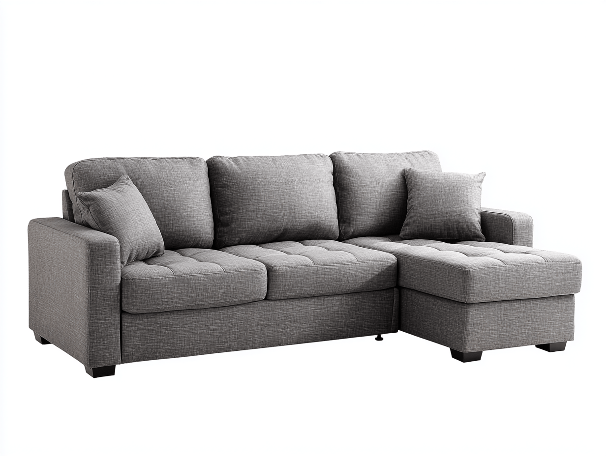 Canapé d’angle en tissu 265×165 cm – gris clair – style moderne avec méridienne et coussins inclus-Shelterano